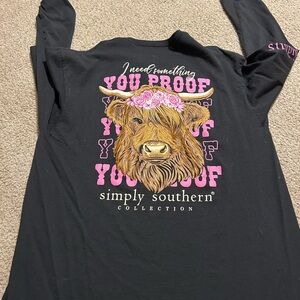 Simply Southern Black Long Sleeve Tee with Pink and Brown Cow Design